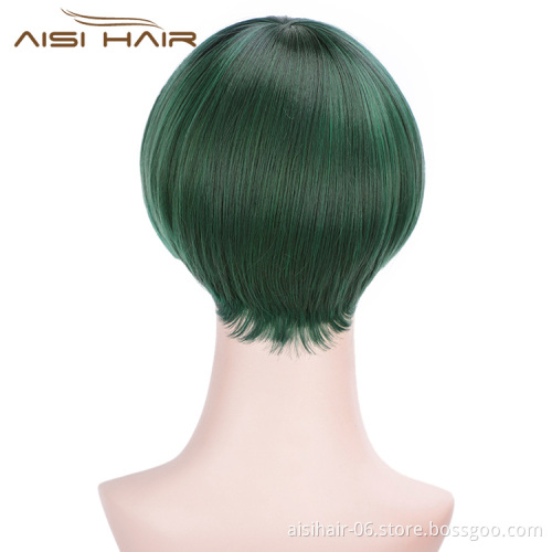 Aisi Hair Short Straight Hair Bob Wigs Synthetic Cosplay Short Wigs Heat Resistant Fiber Green Short Bob Wigs for Women